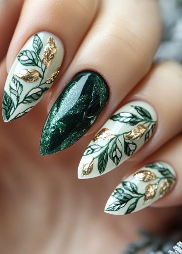 Elegant nature-inspired nail art featuring gold leaf accents and rich green botanical designs.