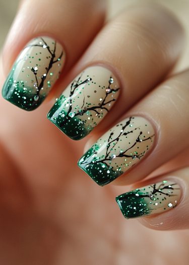 Elegant nature-inspired gradient nail art featuring green ombre, black branches, and sparkling glitter.