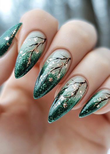 Ombre green glitter nails with intricate tree branch designs and golden accents.