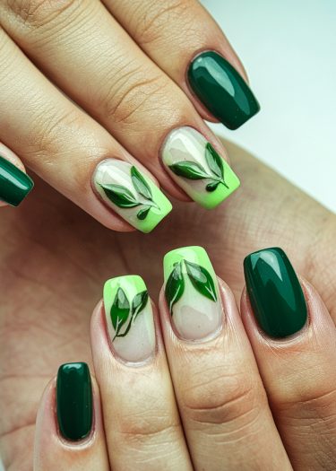 Vibrant nature-inspired manicure featuring green leaves and contrasting solid green hues.