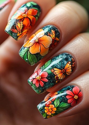 Vibrant nature-inspired nail art featuring floral and butterfly designs against a shimmering green backdrop.