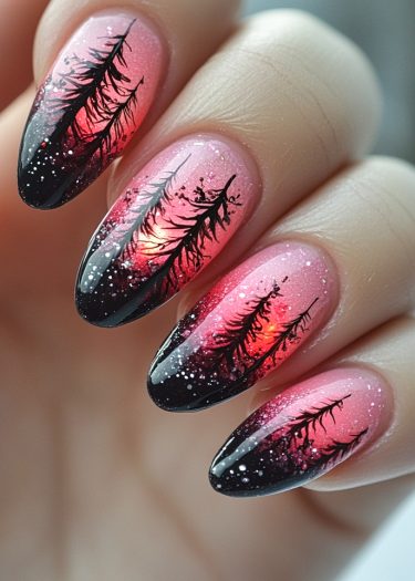 Elegant almond-shaped nails featuring nature-inspired tree silhouettes and a stunning gradient design.