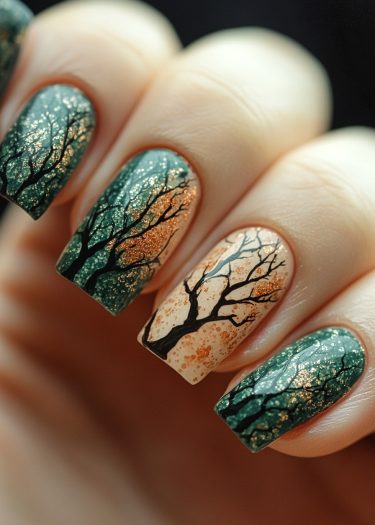 Intricate nature-inspired nail art features colorful ombre and detailed tree branch designs with glitter.