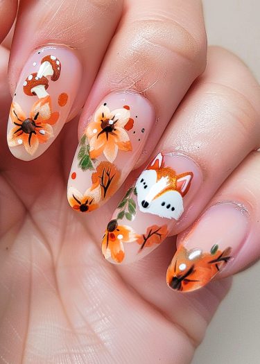 Autumn-themed nail art featuring intricate floral designs, mushrooms, and a charming fox.