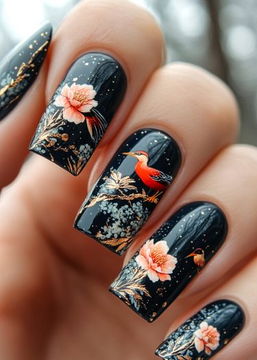 Vibrant nature-inspired nail art featuring intricate floral and bird designs against a glossy black backdrop.