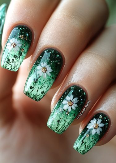 Nature-inspired nail art featuring daisies, rich green gradients, and sparkling accents for a stunning look.