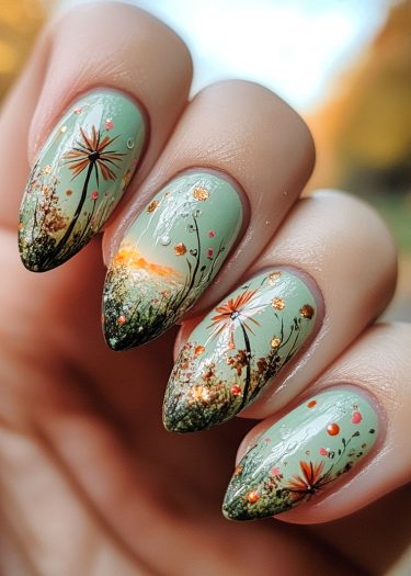 Elegant stiletto nails featuring nature-inspired designs in sage green with gold accents.