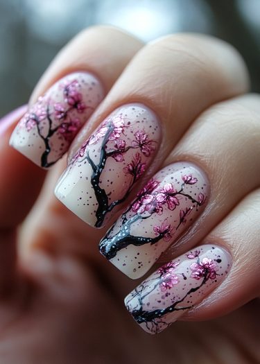 Cherry blossom nail art design on manicured square nails with vibrant pink and black detailing.