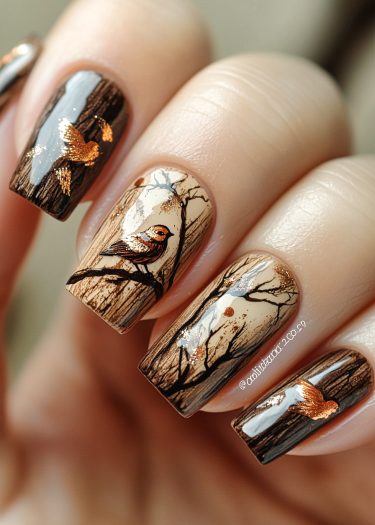 Nature-inspired nail art featuring a woodland design with birds in metallic gold accents.