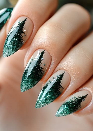 Elegant winter forest nail art featuring green evergreens, glitter, and almond-shaped design.