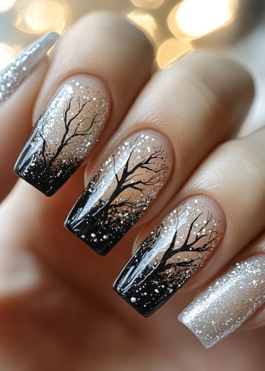 Winter nail art featuring snowy landscapes, black silhouettes, and sparkling glitter for a festive look.