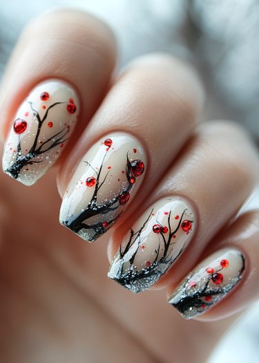 Elegant nature-themed nail art featuring black branches, red berries, and shimmering glitter accents.