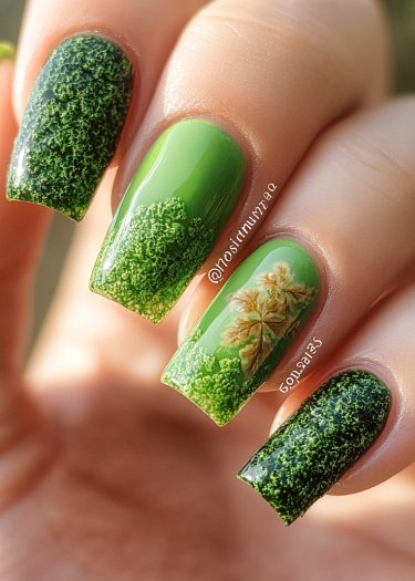 Intricate nature-inspired nail art featuring lush green textures and floral designs.