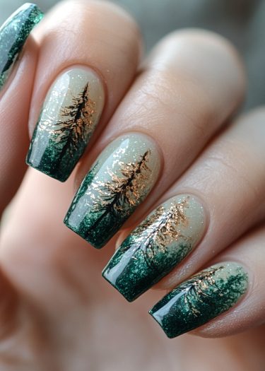 Elegant forest gradient nail art featuring tree silhouettes and glitter accents.