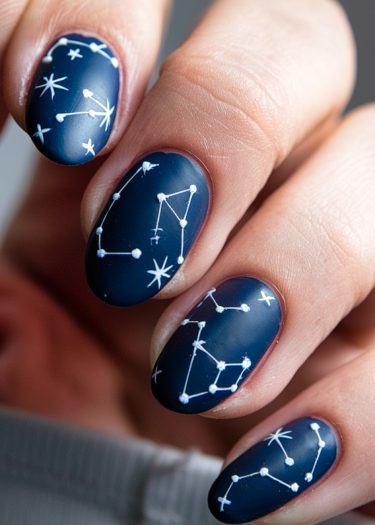 Navy blue constellation nails with intricate star designs for a celestial manicure look.