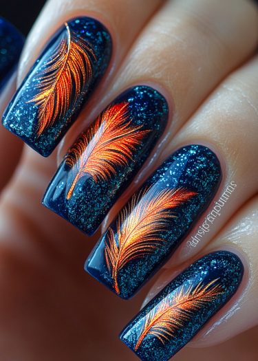 Elegant navy blue feather nail art with glittery accents and vibrant orange-gold gradient design.