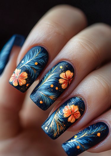 Vibrant navy blue nail art featuring orange flowers, feather patterns, and golden accents.