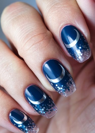 Elegant navy blue manicure with crescent moons and glitter for a cosmic nail design.