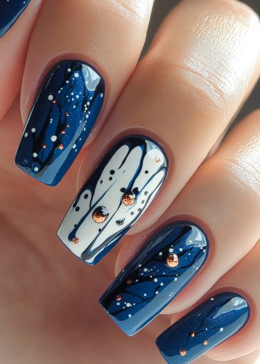 Elegant navy blue nail design with intricate white patterns and luxurious metallic accents.