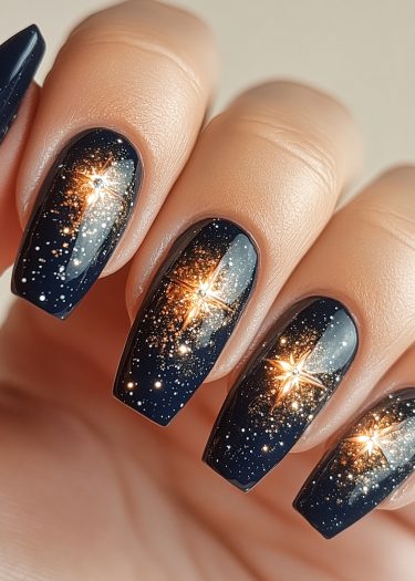 Galaxy-inspired nail art with shimmering stars on a deep navy blue background.