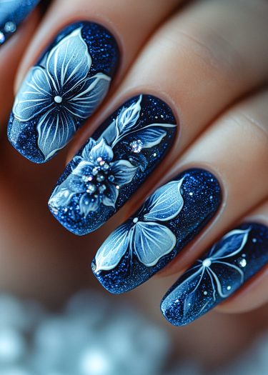 Exquisite navy blue glitter nails with elegant white floral designs and sparkling rhinestones.