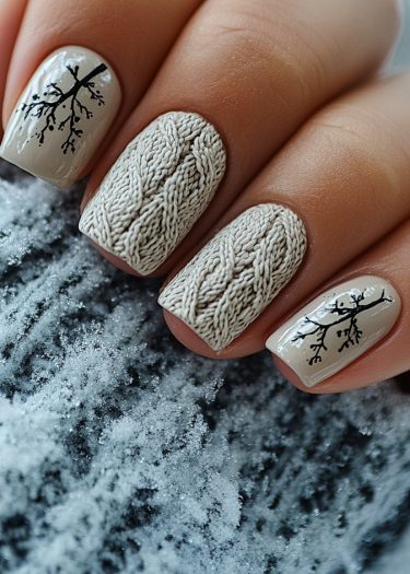 Winter-inspired neutral beige nail art featuring cozy knit textures and delicate tree branch designs.