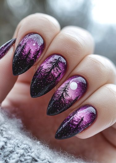 Stunning night forest nail art with purple gradient, trees, stars, and cozy ambiance.