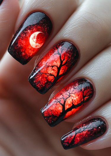 Stunning night sky nail art with a crescent moon and eerie tree silhouettes.