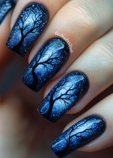 Cosmic night sky nail art featuring tree silhouettes and shimmering starry accents.