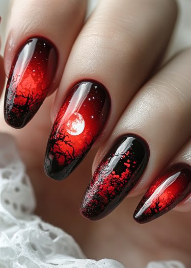 Stunning nighttime nail art featuring moon and stars against a black-red gradient background.