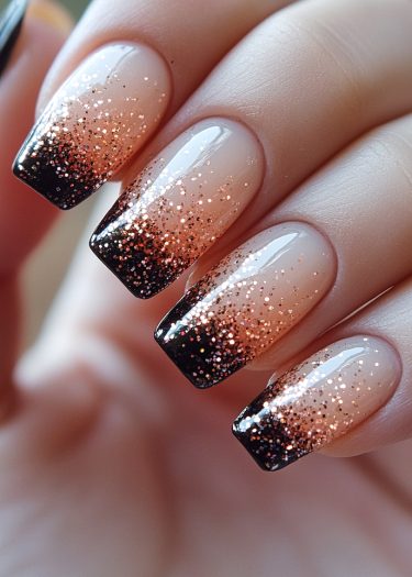 Elegant nude and black glitter gradient nails in a modern squoval design.