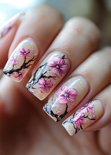 Elegant nude floral nail art featuring cherry blossoms and sparkling accents for a refined look.