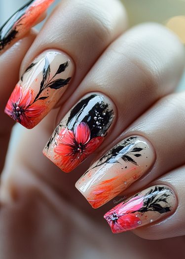 Elegant nude floral nail art featuring vibrant pink and orange blooms with striking black accents.