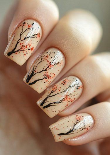 Elegant nude nail art with black branches and colorful dots for a sophisticated look.