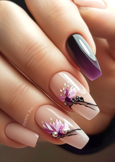 Elegant nude pink floral nail art with intricate designs and modern gradient accents.