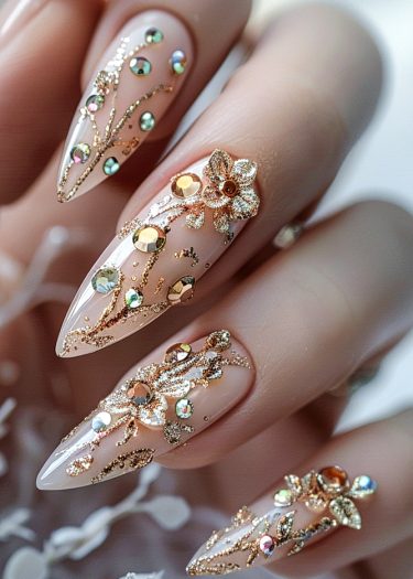 Elegant nude pink floral nail art with glitter and rhinestones for a luxurious look.