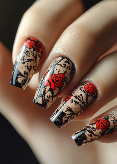 Vibrant red rose nail art on long square nails with delicate black vines against a beige background.