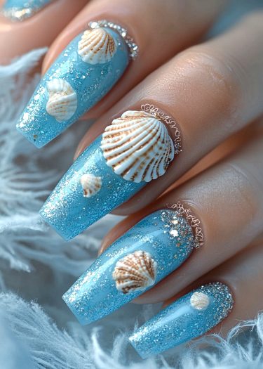 Ocean blue glitter nails with seashell designs for a tropical beach-inspired manicure.