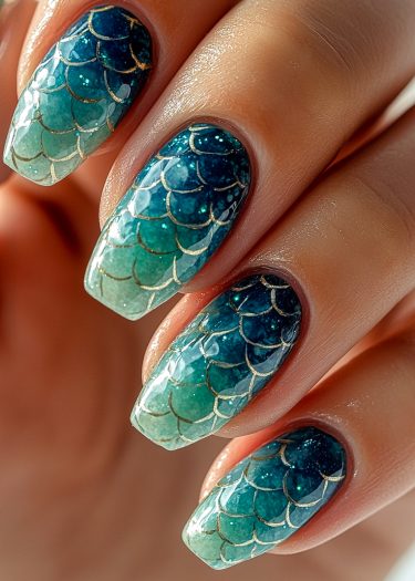 Vibrant ocean gradient nail art with golden scales, showcasing intricate mermaid-inspired design.