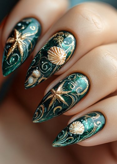 Elegant ocean-themed nail art featuring deep emerald green, gold accents, and seashell designs.