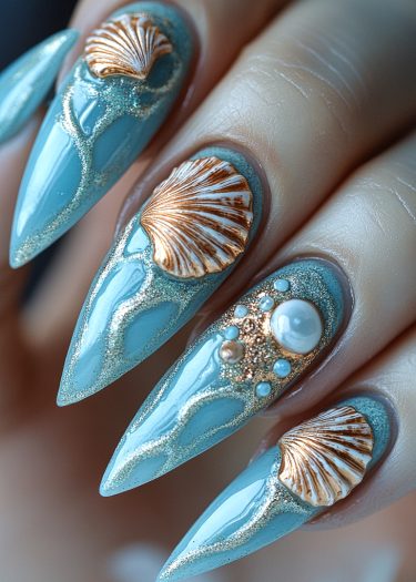 Stunning ocean-themed stiletto nails featuring golden seashells, pearls, and shimmering glitter accents.