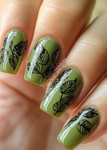 Elegant olive green manicure with intricate black leaf designs for a bold natural look.