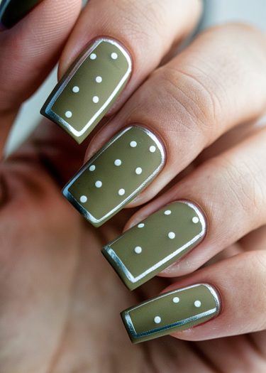 Matte olive green nails with white polka dots and silver borders for a trendy look.