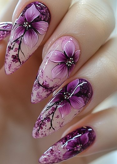 Elegant almond-shaped ombre floral nail art featuring intricate pink and purple designs.