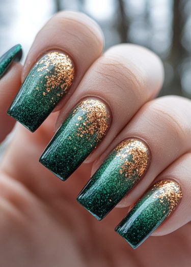 Elegant ombre green and gold glitter nails with intricate design and flawless manicure.