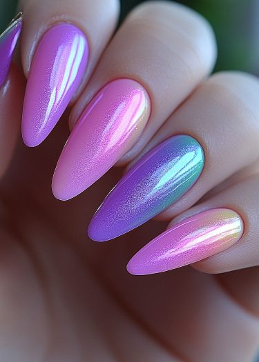 Vibrant almond-shaped ombre nails in pink, purple, blue, and gold showcase stunning nail art.