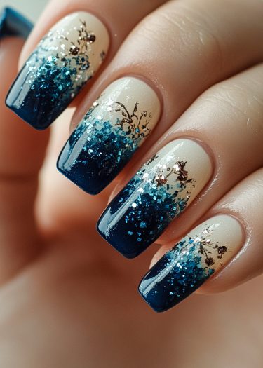 Elegant ombre navy blue nails with intricate designs and sparkling glitter accents.