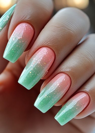 Stunning pastel pink to mint green gradient nails with glitter in a coffin shape.