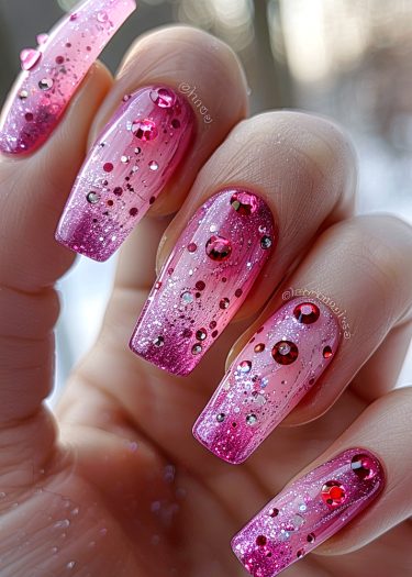 Stunning ombre pink coffin nails with rhinestones and glitter for a chic manicure.