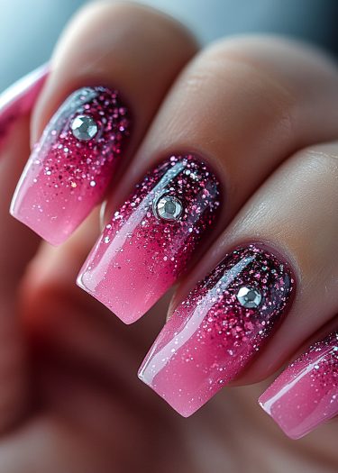 Elegant ombre pink glitter nails with rhinestones for a chic and fashionable look.